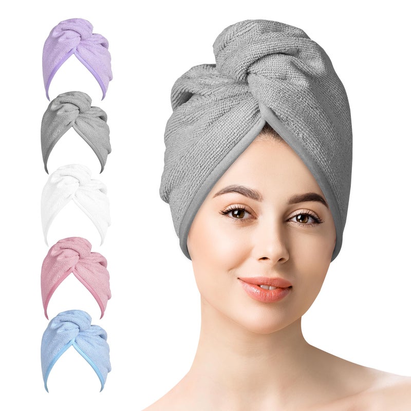 YoulerTex Microfiber Hair Towels Wrap Women: 5 Packs Hair Turban Towel Set Curly Hair Products for Hair Care - Hair Drying Towel for Hair Dryer Shower Cap & Hair Accessories for Woman - Image 1